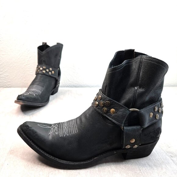Old Gringo Western Ankle Booties Black Distressed Low Heel Harness Cowgirl Boots